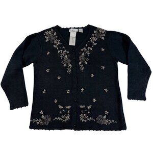 Black Floral Embroidered Cardigan Sweater Romantic Cottagecore Womens L NWT